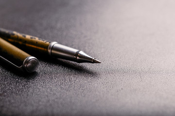 automatic plastic ballpoint pen with clipping path on black background. close up.