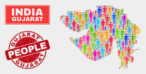 Demographic Gujarat State map abstraction. People color mosaic Gujarat State map of humans, and red rounded unclean watermark. Vector combination for nation community report.