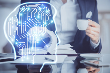 Brain multi exposure icon with man hands background.
