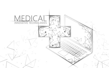 Fototapeta premium Medical cross symbol doctor online concept. Medical consultation app. Web healthcare diagnosis geometric modern hospital network banner. Calling pharmacy market background low poly