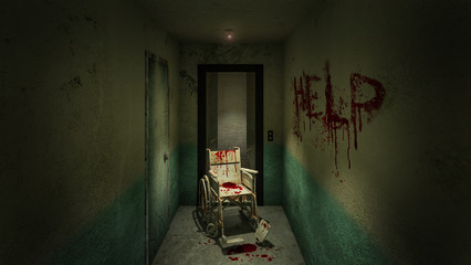 horror and creepy lift with wheelchair in the hospital and help blood.3D rendering