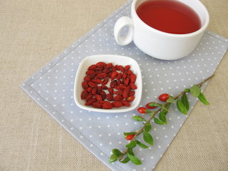 A cup of tea, fruit tea with dried goji berries