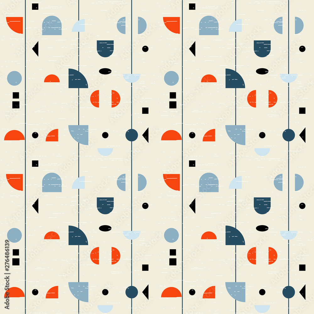Poster Abstract geometric vector seamless pattern inspired by mid-century modern fabrics. Simple shapes and lines in retro pastel colors and textured background. 