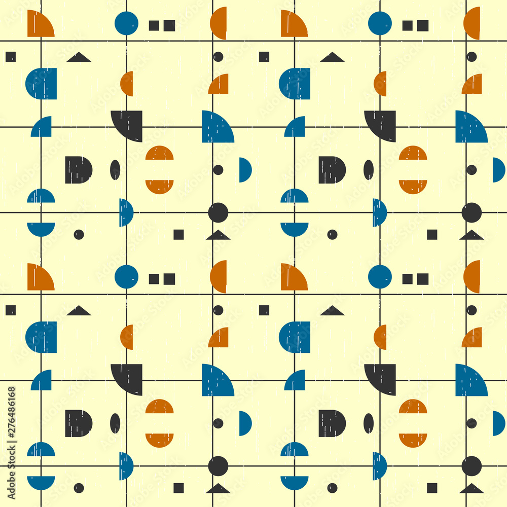 Poster Abstract geometric vector seamless pattern inspired by mid-century modern fabrics. Simple shapes and lines in retro pastel colors and textured background. 