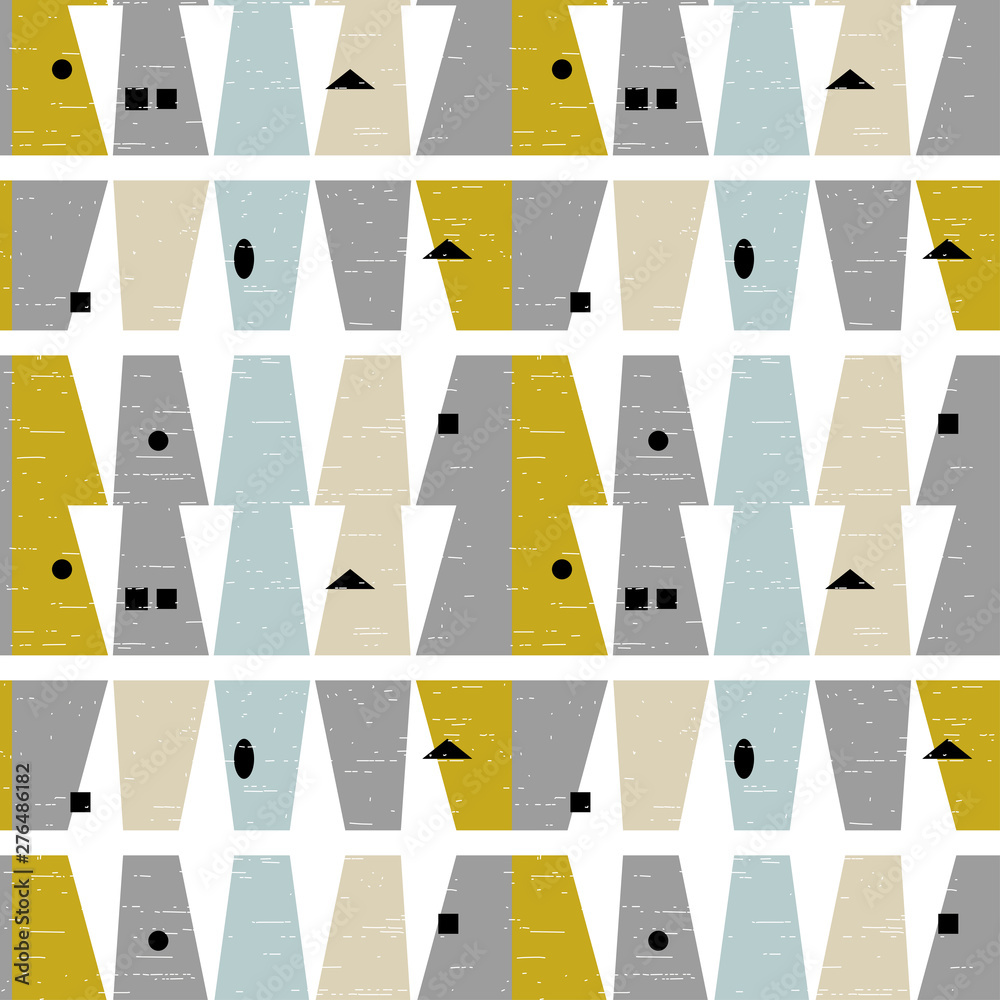 Poster Abstract geometric vector seamless pattern inspired by mid-century modern fabrics. Simple shapes and lines in retro pastel colors and textured background. 