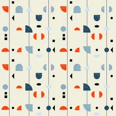 Gordijnen Abstract geometrisch vector naadloos patroon geïnspireerd door moderne stoffen uit het midden van de eeuw. Eenvoudige vormen en lijnen in retro pastelkleuren en gestructureerde achtergrond. © dinadankersdesign