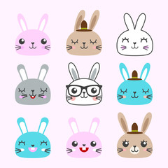 Easter Bunny Set. Set of cute rabbits. Funny doodle animals. Little bunny in cartoon style. Bunny, rabbits, cute characters set, for Easter, kids and baby t-shirts and greeting cards.