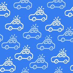 Naklejka premium A vector seamless pattern with doodle outline police machines. Sedan auto in blue halftones for a design.