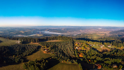 Aerial panoramic view at hills and valleys of Tualatin Valley near Bald Peak State Park, Oregon