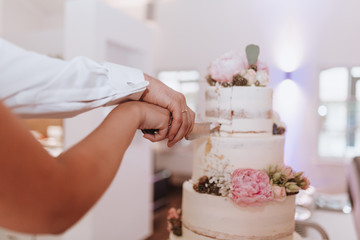 Hochzeitstorte beim Anschnitt Braut und Bräutigam