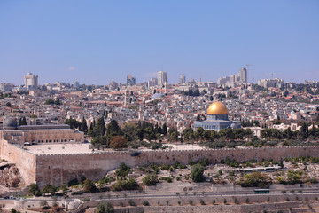 Jerusalem \ Israel - 15 October 2017: Panoramic view of Jerusalem Old city and the Temple Mount, Dome of the Rock and Al Aqsa Mosque from the Mount of Olives.