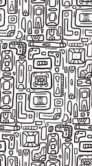 Seamless black tribal doodle pattern on white background. Boho pattern with rectangles. Vector texture for fabrics, wallpapers, cards and your design.