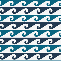 Blue and white seamless wave pattern, line wave ornament in maori tattoo style for fabric, textile, wallpaper. Japan style ornament.
