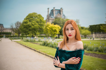 Woman in velvet vintage dress at Paris. Vintage style in everyday life, Concept of Old Europe  