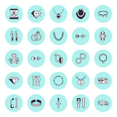 Jewelry flat line icons, jewellery store signs. Feminine accessories - gold engagement rings, gem earrings, silver chain, engraving necklaces, diamond