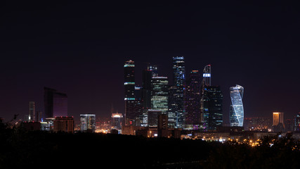 View at a Moscow City international business center from a view point at Sparrow hills at night