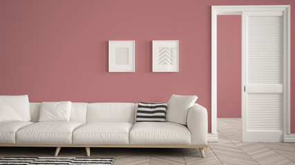 Modern living room with white sofa and carpet, red wall background with open door, herrigbone parquet, template background with copy space, interior design concept idea