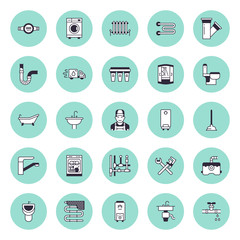 Plumbing service vector flat line icons. House bathroom equipment, faucet, toilet, pipeline, washing machine, dishwasher. Plumber repair illustration, thin linear signs for handyman services