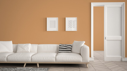 Modern living room with white sofa and carpet, orange wall background with open door, herrigbone parquet, template background with copy space, interior design concept idea