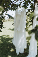 Brautkleider hängen am Baum