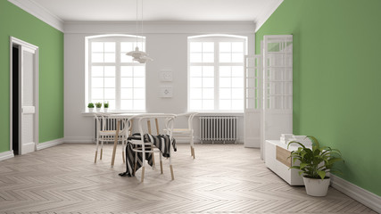 Scandinavian white and green dining room, wooden herringbone parquet floor, table and chairs, windows, door and radiators. Pendant lamps. Modern furniture interior design concept idea