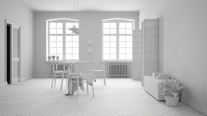 Total white project of scandinavian white and purple dining room, wooden herringbone parquet floor, table and chairs, windows. Modern furniture interior design concept idea