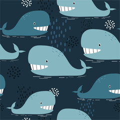 Happy whales, hand drawn seamless pattern. Marine background vector. Colorful illustration, overlapping backdrop. Decorative cute wallpaper, good for printing
