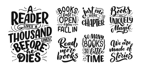 Set with abstract lettering about books and reading for poster design. Handwritten letters. Typography funny quotes. Vector