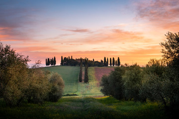 Sunrise over the hills near Pienza, Val d'Orcia, Tuscany, Italy