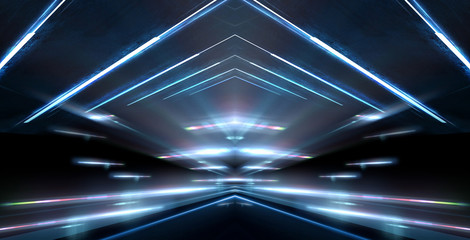 Abstract light tunnel. Night view, city lights, neon. Abstract lines and rays of neon light. Movement speed, reflection. Night scene with neon spotlights, glare. Dark abstract background with neon.
