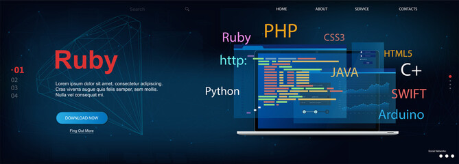 Ruby programming language. Web page template Software development. Vector illustration with laptop and program code on screen. Ruby concept banner. Vector illustration