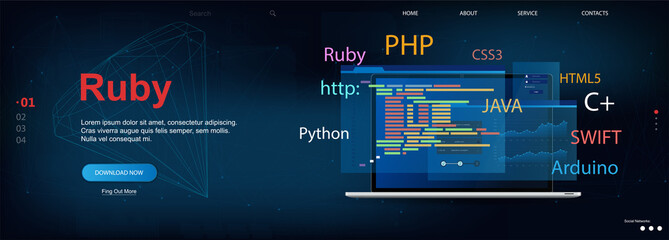 Ruby programming language. Web page template Software development. Vector illustration with laptop and program code on screen. Ruby concept banner. Vector illustration © SergeyBitos