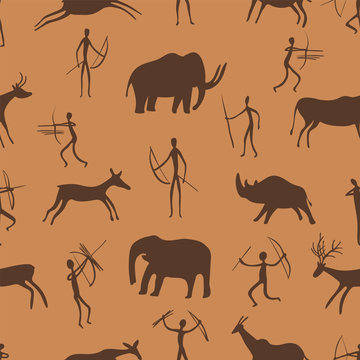 Seamless pattern. Ancient rock paintings show primitive people hunting on animals. The Paleolithic era.