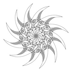 curved blades mandala rotating symbol in graphic black on white