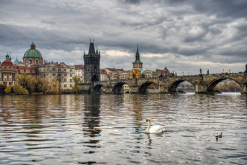The Charles Bridge over the Vltava River in Prague, Czech Republic. This picture was taken in autumn. 