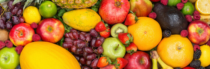 Food background fruits collection banner apples berries oranges lemons fruit