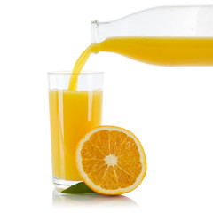 Orange fruit juice pouring oranges glass square isolated on white