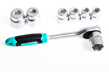 Our Living Is Fixing Yours. socket wrench. perfect tool kit. Chrome Vanadium Steel. metallized fix equipment. socket wrench isolated on white background