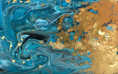 Fototapeten Blue and gold marbling pattern. Golden powder marble liquid texture. © anya babii