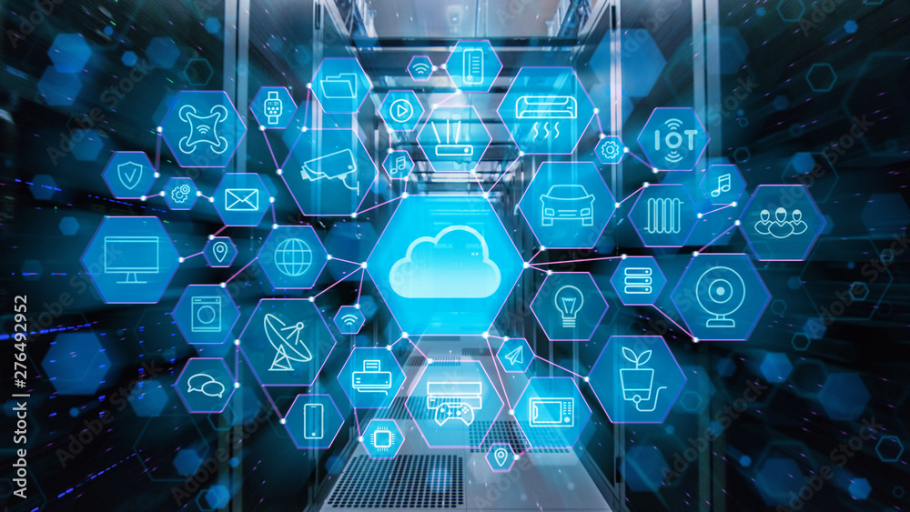 Poster Shot of Corridor in Working Data Center Full of Rack Servers. Concept of Cloud Storage Possibilities with Different Computer Illustrative Icons and Symbols Visualisations in the Foreground.