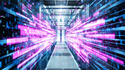 Shot of Corridor in Working Data Center Full of Rack Servers and Supercomputers with Pink Neon Visualization Projection of Data Transmission Through High Speed Internet.