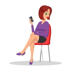 Young pretty woman sitting on chair and holding smartphone. Brunette girl in mini skirt waiting for boyfriend, girlfriend, job interview or meeting with chief to ask something. Vector cartoon on white