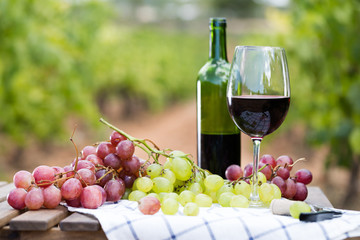 Obraz na płótnie Canvas glass of red wine and ripe grapes on table