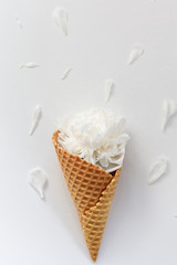White peony flower in waffle horn on white background surrounded by petals