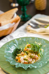 National cuisine. Russian traditional salad Olivier in a bowl