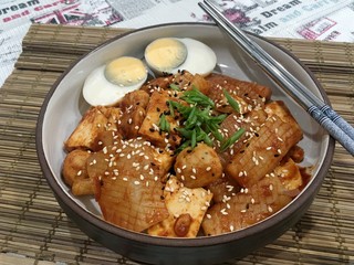White spot arum and egg boiled and sausage and Tofu with Tukbokki sauce