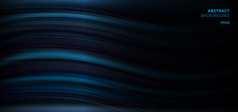 Abstract movement curve lines and light pattern on dark blue background with space for text.