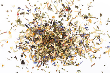 Herbal tea on a white background. Top view.