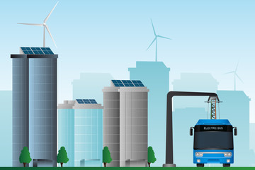 Electric bus on the street of the city that uses clean energy. Vector illustration EPS 10