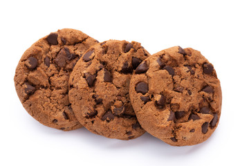 Chocolate chip cookies isolated on white background. Sweet biscuits. Homemade pastry.